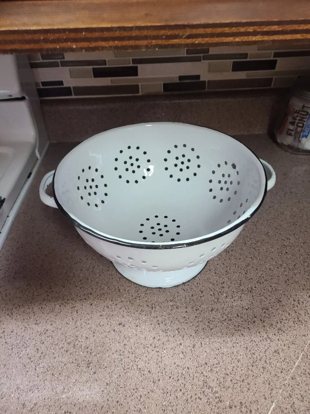 VTG Enamel Colander Strainer Graniteware Black & White with Handles